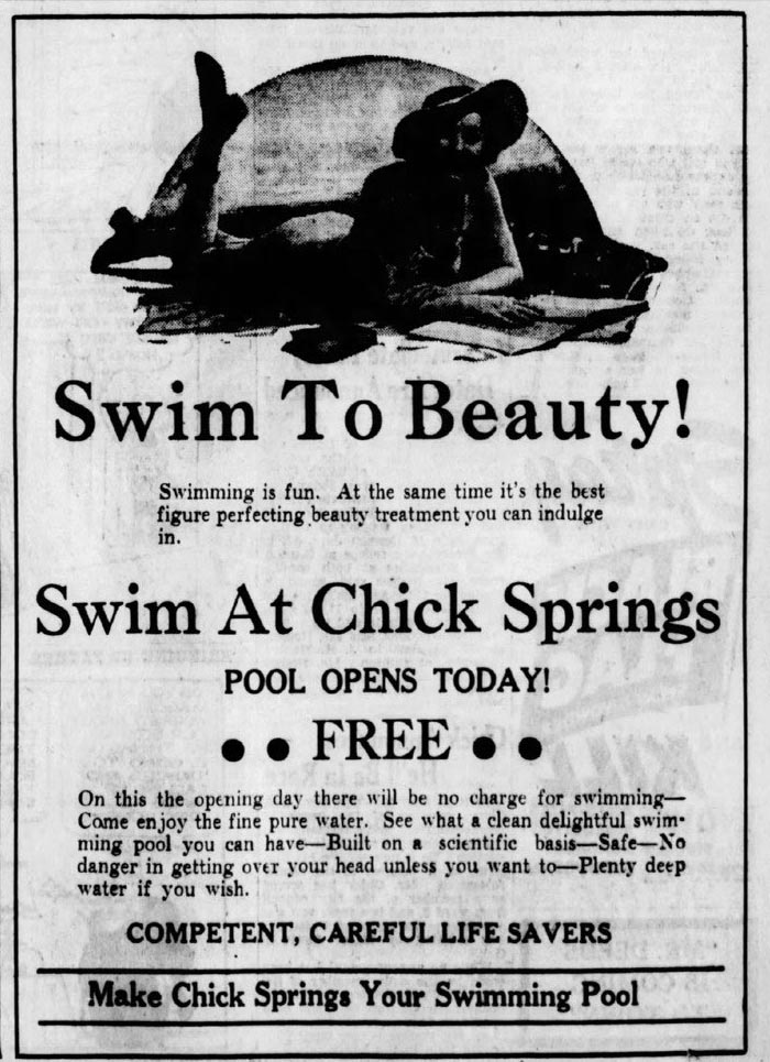 Opening day advertisement for Chick Springs pool, Greenville News, May 1936
