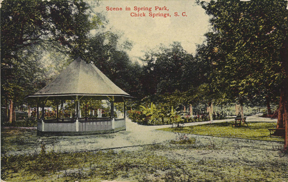 Hand-colored postcard of Spring Park at Chick Springs showing octagonal gazebo and cultivated paths, c. 1900