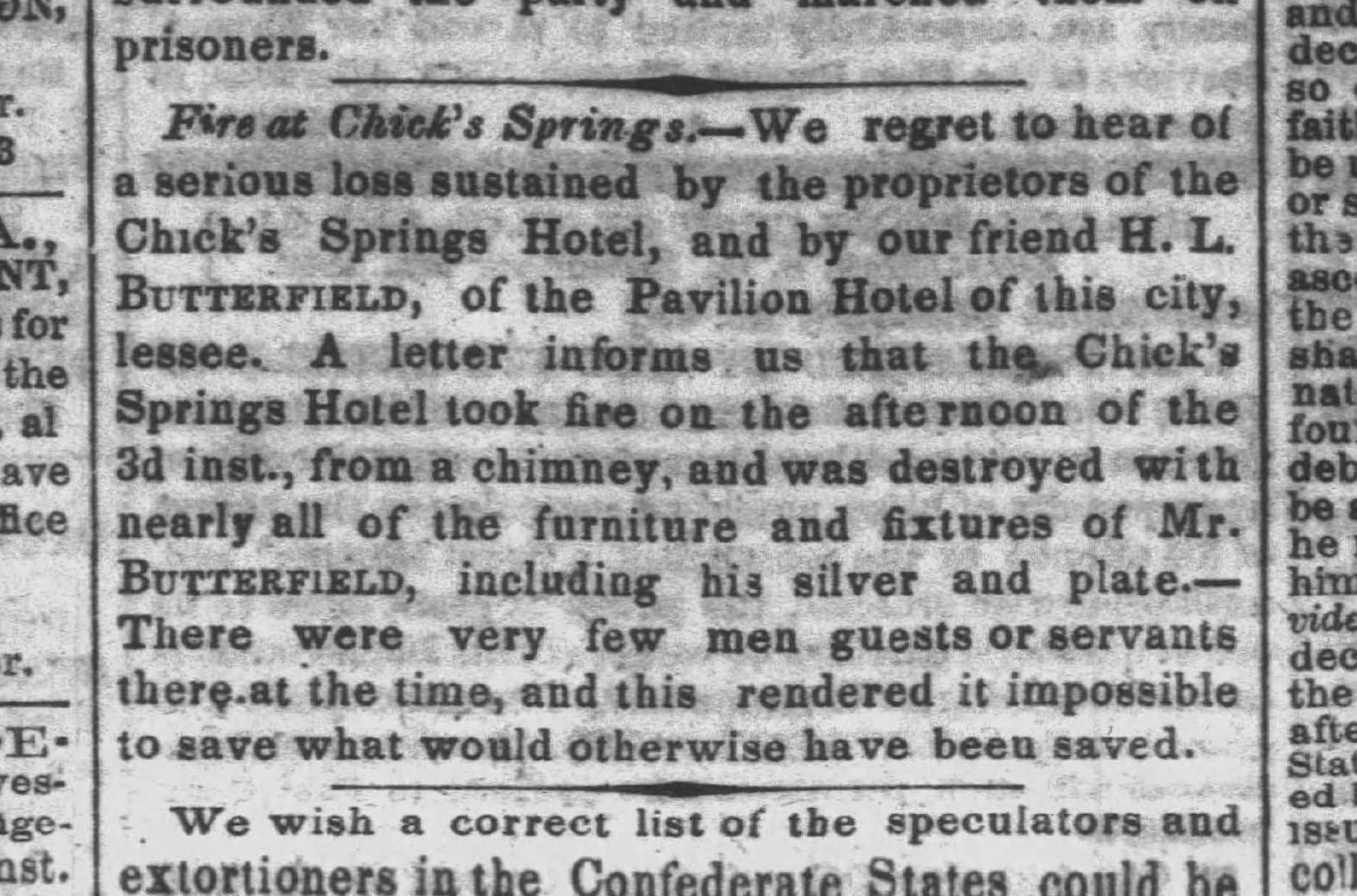 Charleston Daily Courier article reporting the fire at Chick Springs Hotel, November 7, 1862